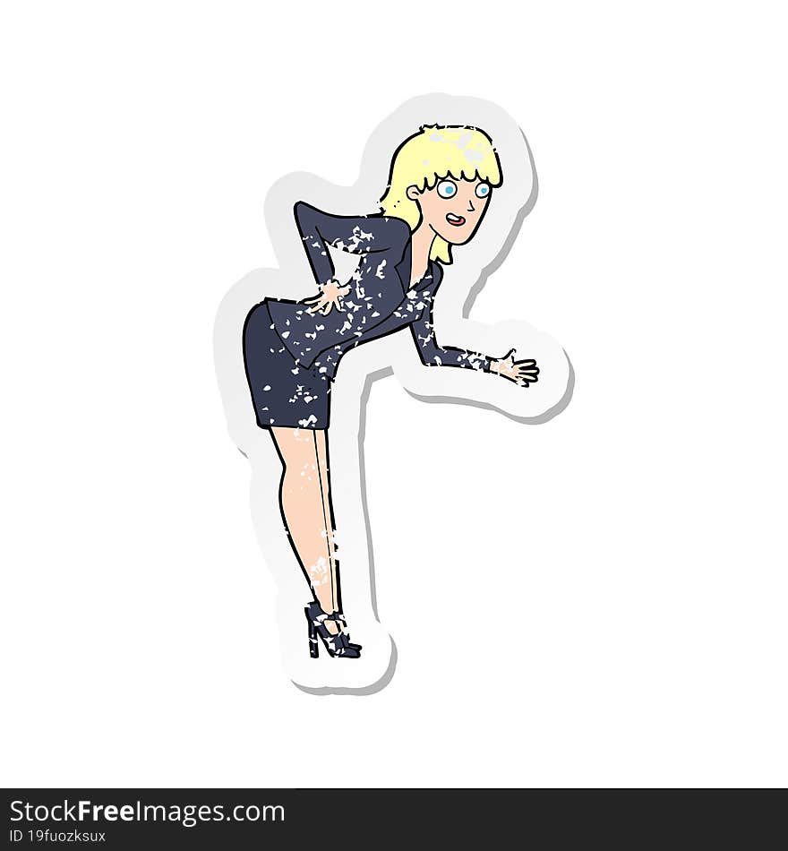 retro distressed sticker of a cartoon businesswoman explaining