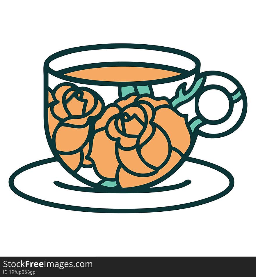 tattoo style icon of a cup and flowers