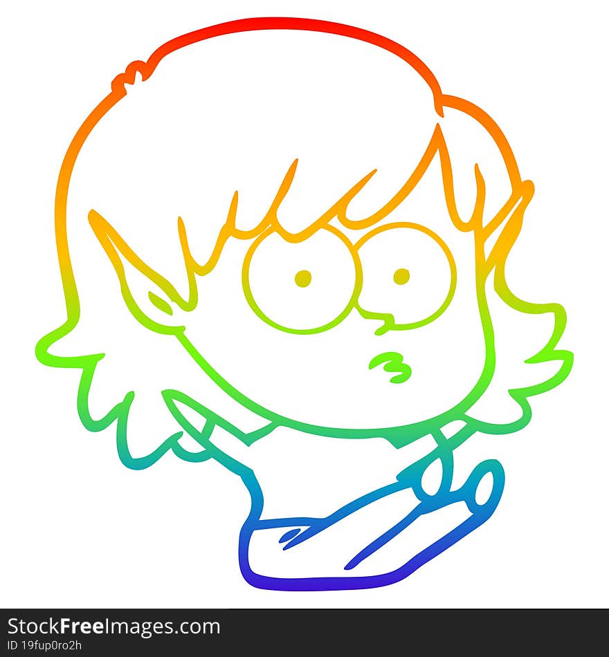 rainbow gradient line drawing cartoon elf girl staring