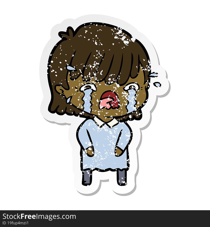 distressed sticker of a cartoon girl crying