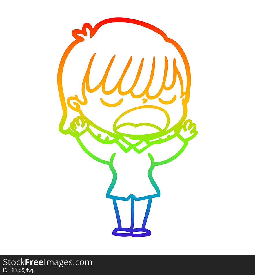 rainbow gradient line drawing cartoon woman talking loudly