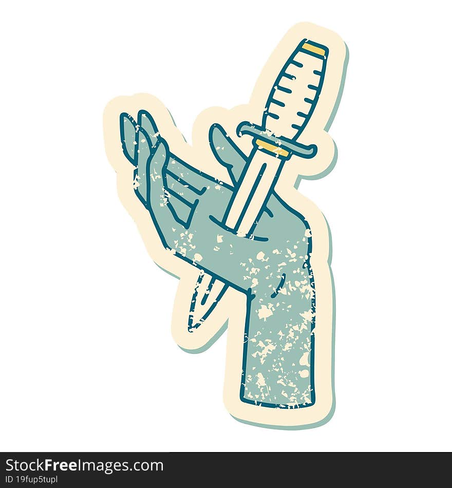 Distressed Sticker Tattoo Style Icon Of A Dagger In The Hand