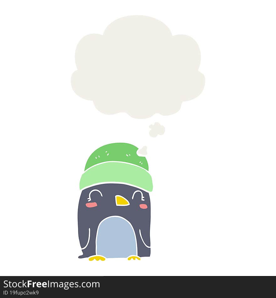 cute cartoon penguin and thought bubble in retro style