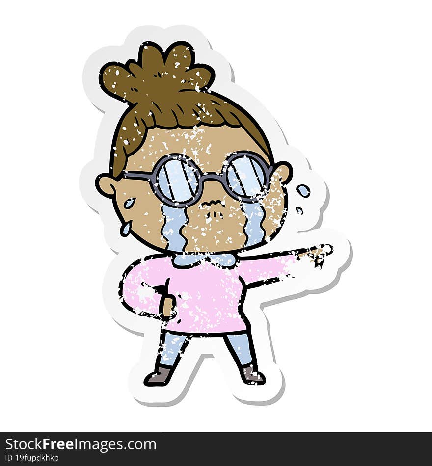 distressed sticker of a cartoon crying woman wearing spectacles