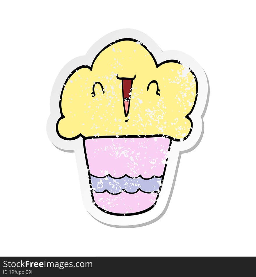 distressed sticker of a cartoon cupcake with face