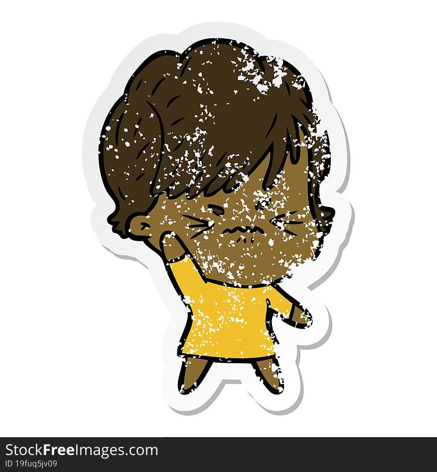 distressed sticker of a cartoon frustrated woman