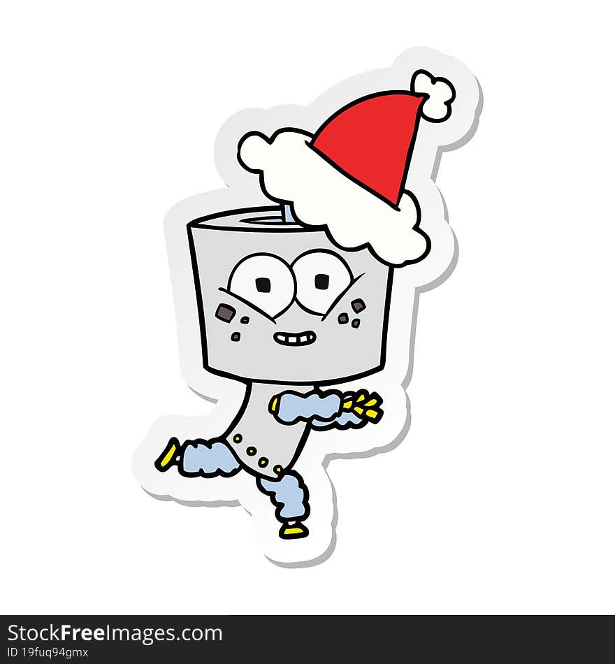 happy hand drawn sticker cartoon of a robot wearing santa hat. happy hand drawn sticker cartoon of a robot wearing santa hat