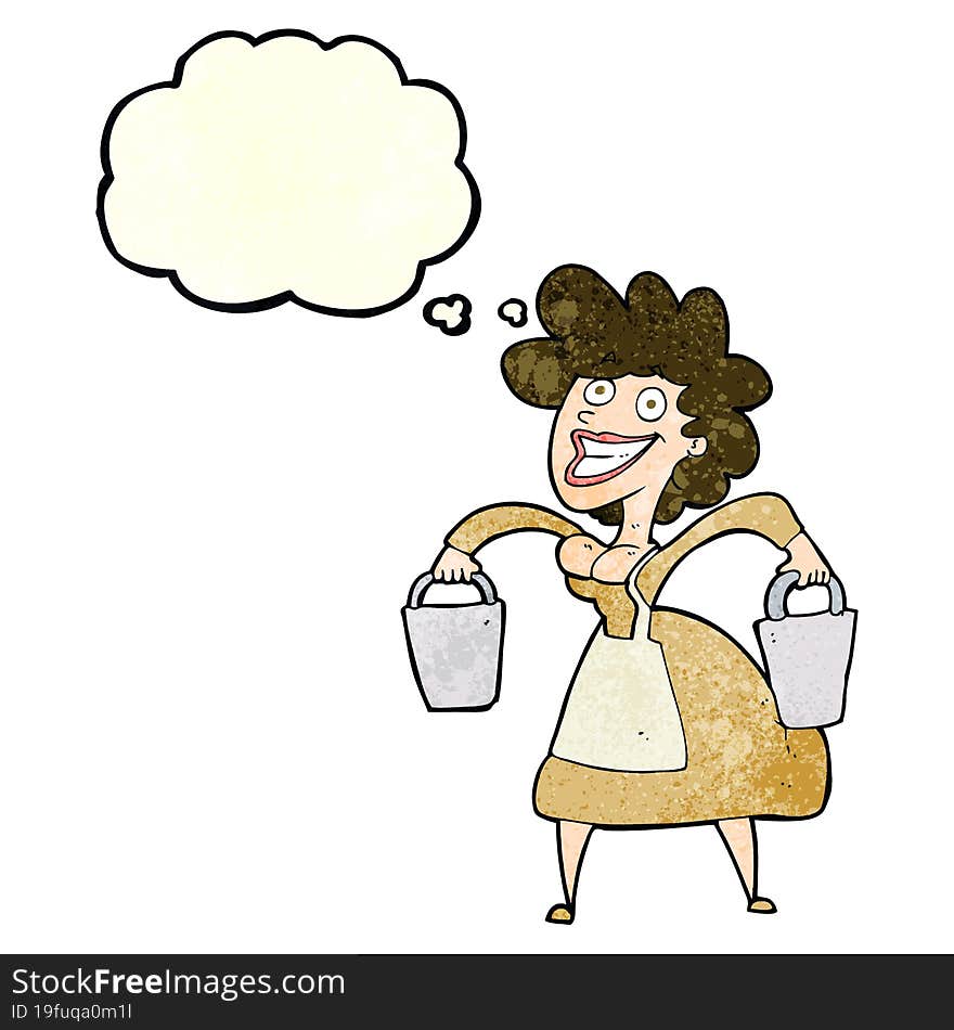 cartoon milkmaid carrying buckets with thought bubble