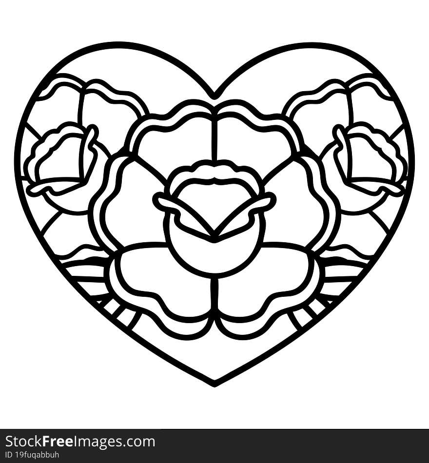 tattoo in black line style of a heart and flowers. tattoo in black line style of a heart and flowers