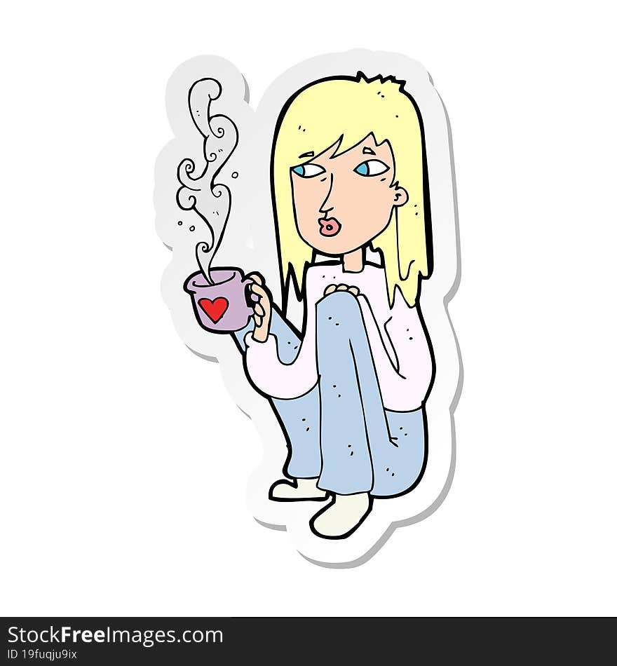 sticker of a cartoon woman with cup of coffee