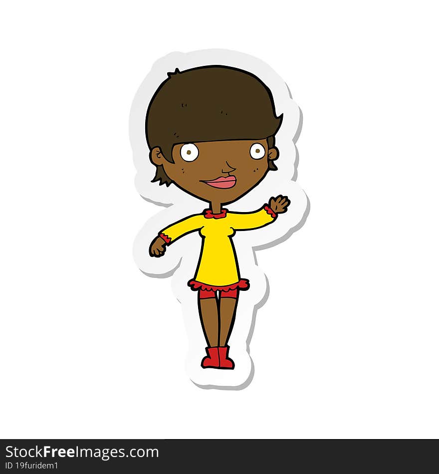 sticker of a cartoon waving woman