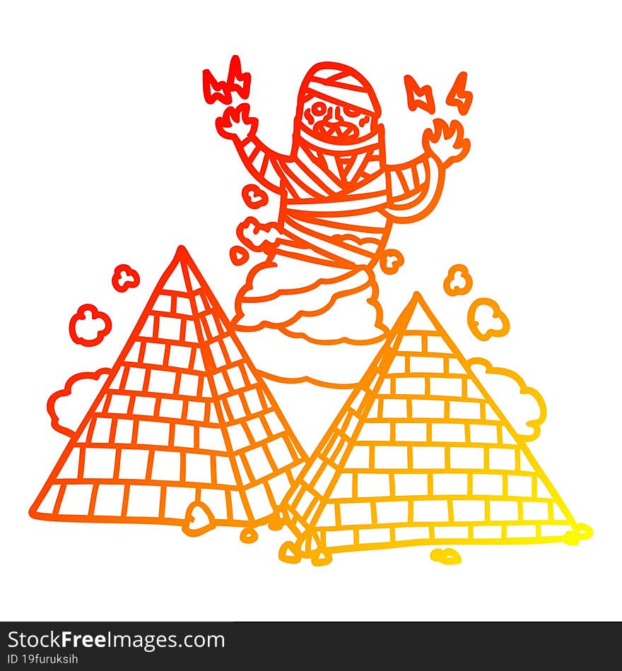 warm gradient line drawing cartoon mummy and pyramids