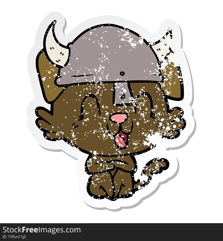 distressed sticker of a laughing cartoon viking dog