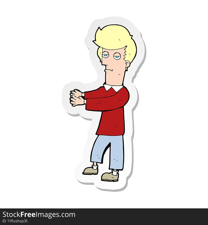 sticker of a cartoon bored man showing the way