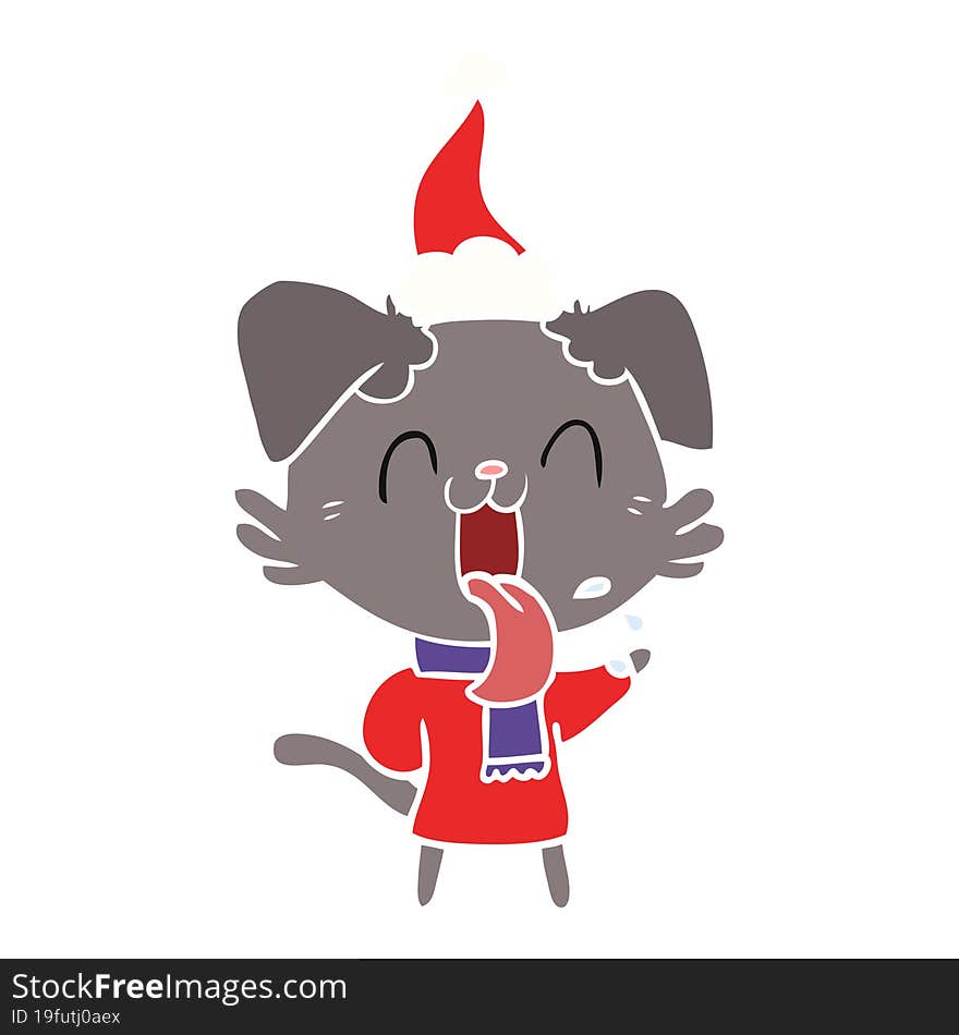 flat color illustration of a panting dog wearing santa hat