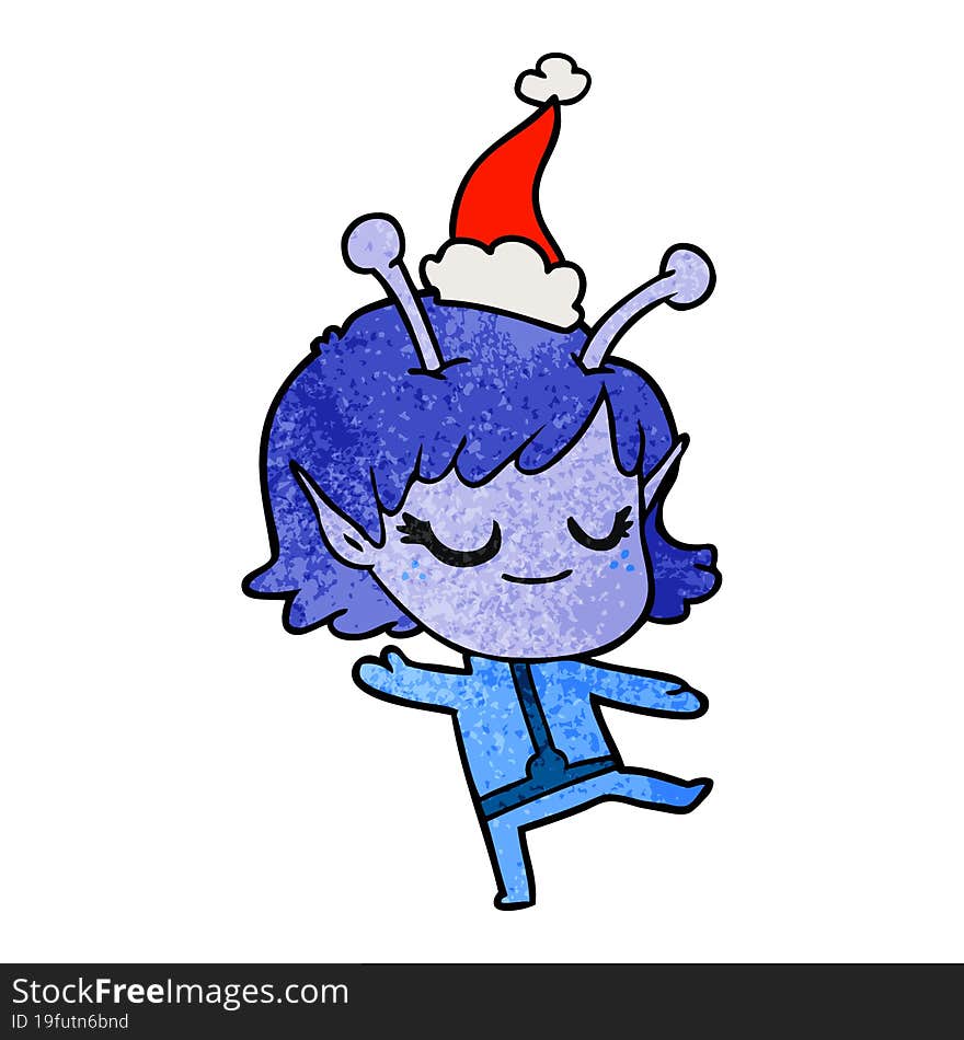 Smiling Alien Girl Textured Cartoon Of A Wearing Santa Hat