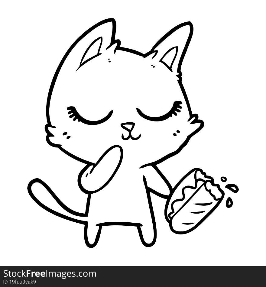 calm cartoon cat considering sharing a baguette. calm cartoon cat considering sharing a baguette