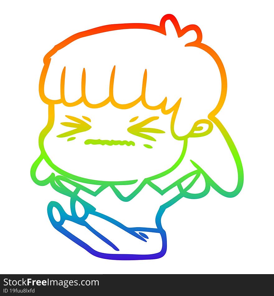 rainbow gradient line drawing of a cartoon angry girl