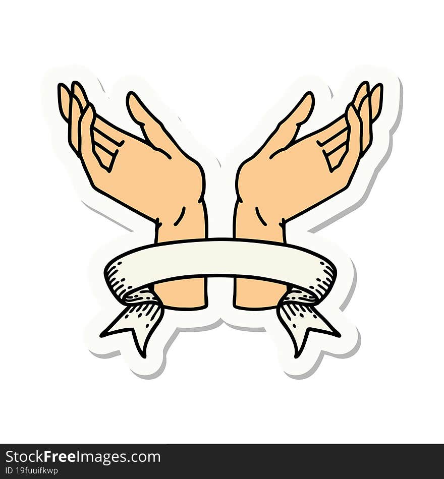 tattoo style sticker with banner of open hands