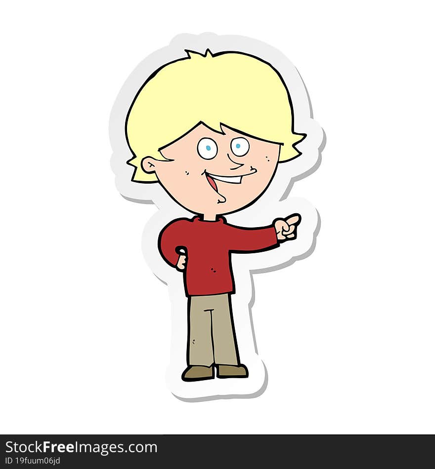 sticker of a cartoon boy laughing and pointing