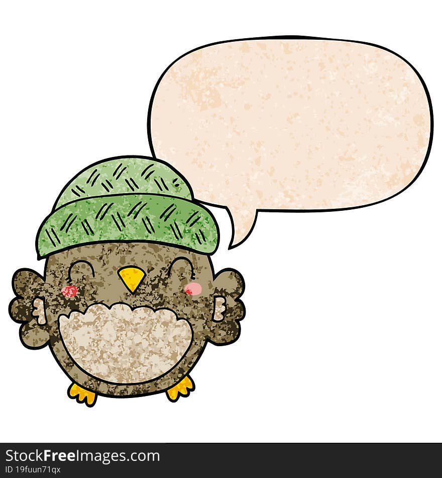 Cute Cartoon Owl In Hat And Speech Bubble In Retro Texture Style