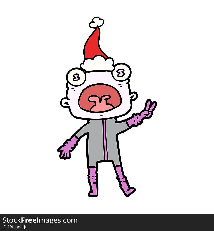 hand drawn line drawing of a weird alien waving wearing santa hat