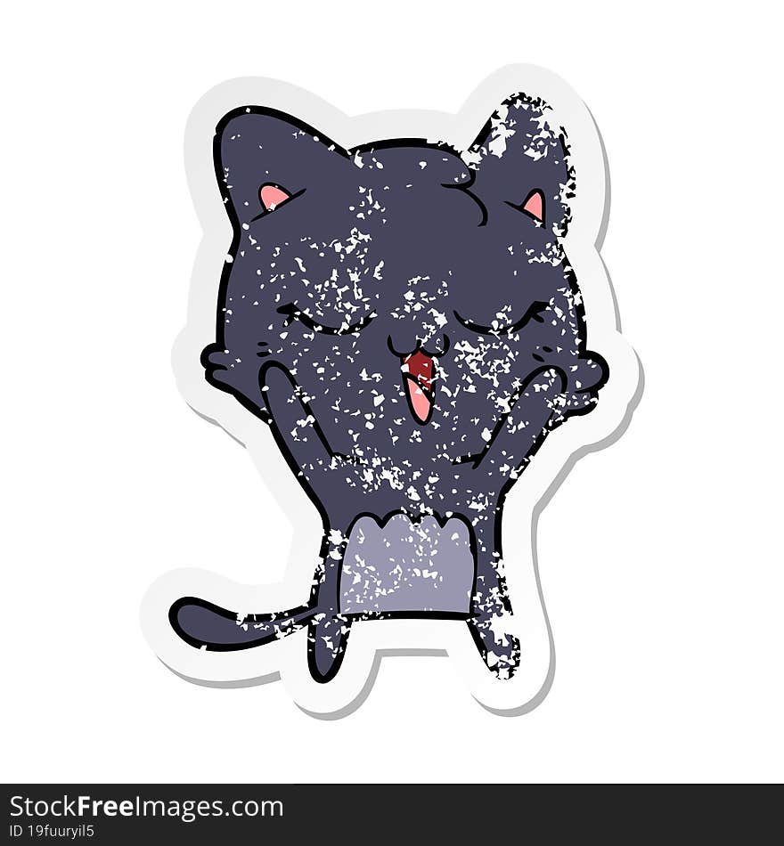 distressed sticker of a happy cartoon cat