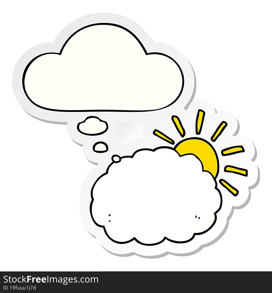 cartoon sun and cloud symbol with thought bubble as a printed sticker