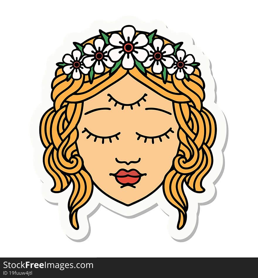 sticker of tattoo in traditional style of female face with third eye. sticker of tattoo in traditional style of female face with third eye