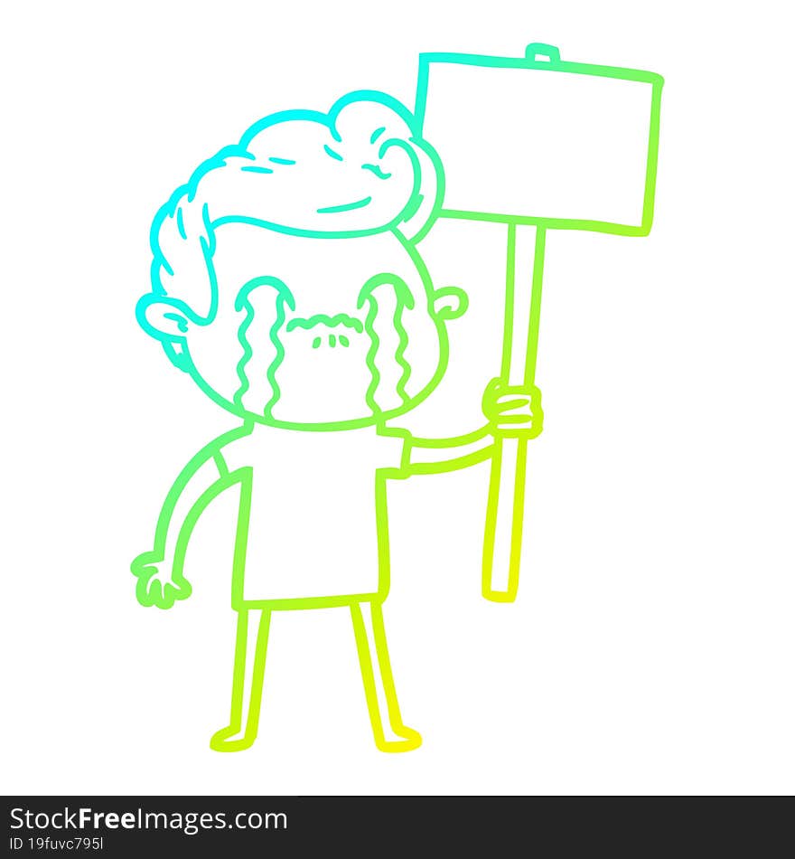 cold gradient line drawing of a cartoon man crying holding sign