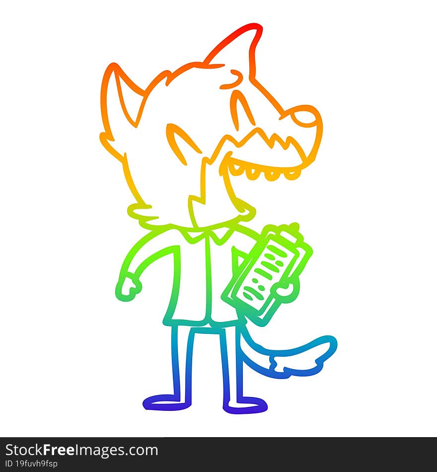 rainbow gradient line drawing of a laughing fox salesman