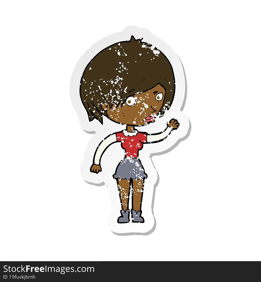 retro distressed sticker of a cartoon waving woman