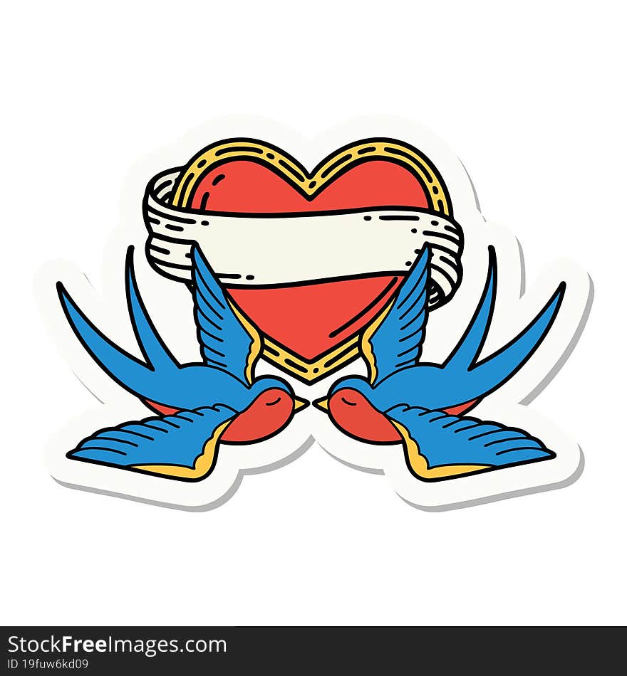 sticker of tattoo in traditional style of swallows and a heart with banner. sticker of tattoo in traditional style of swallows and a heart with banner