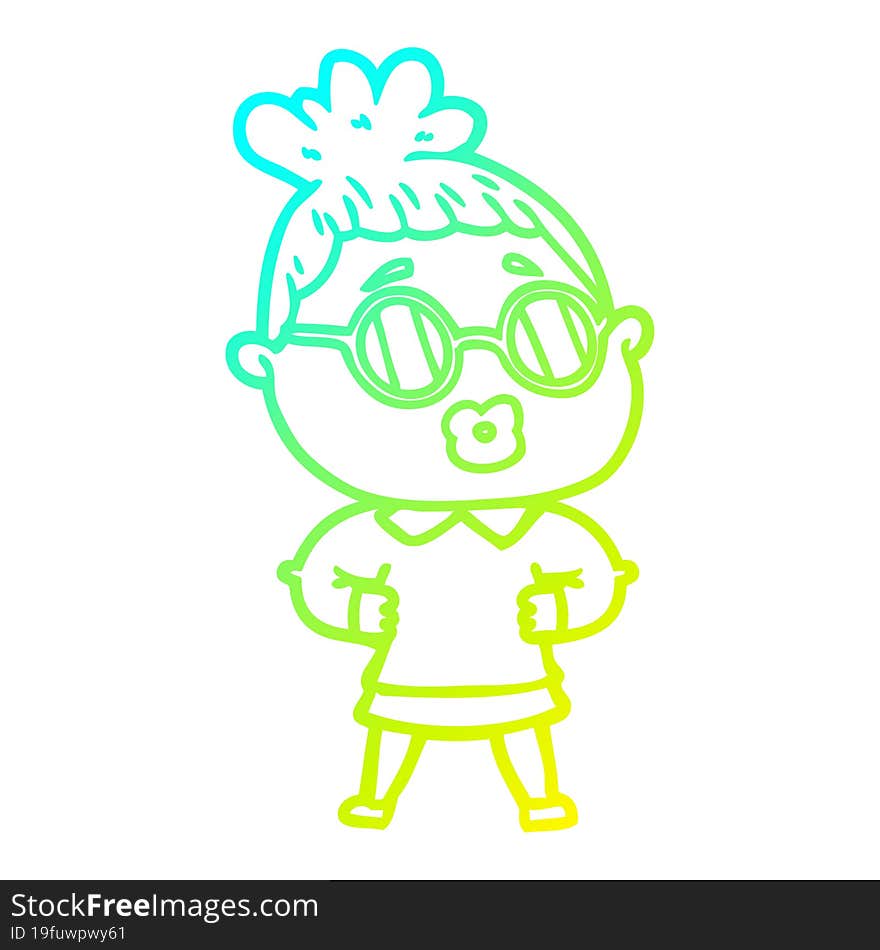 cold gradient line drawing of a cartoon woman wearing spectacles