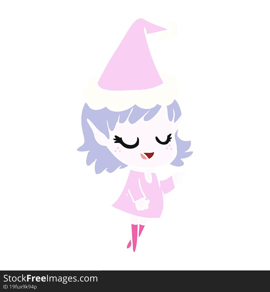 happy flat color illustration of a elf girl pointing wearing santa hat