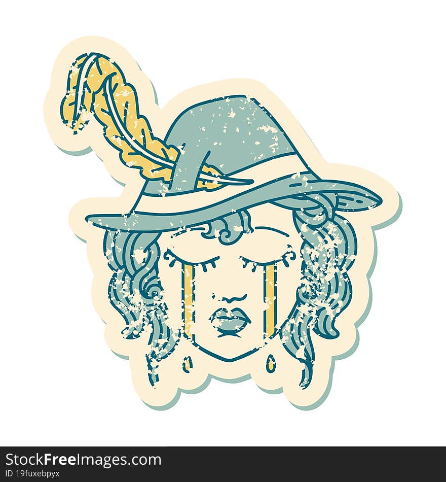 grunge sticker of a crying human bard. grunge sticker of a crying human bard