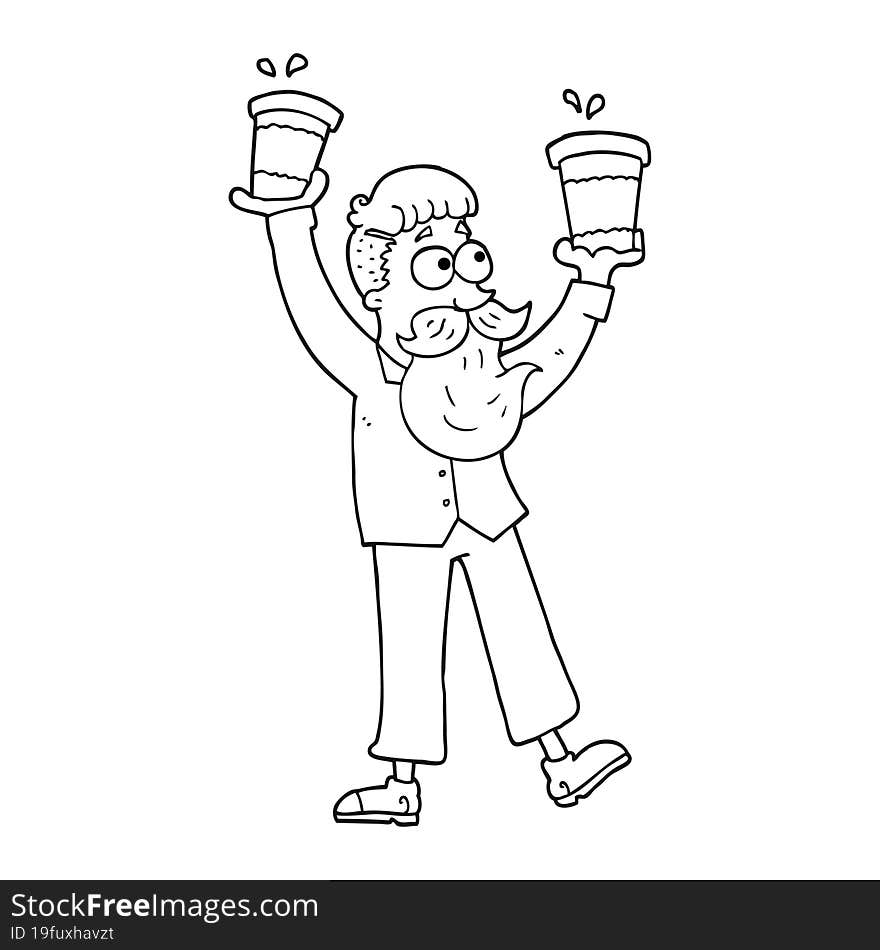 black and white cartoon man with coffee cups