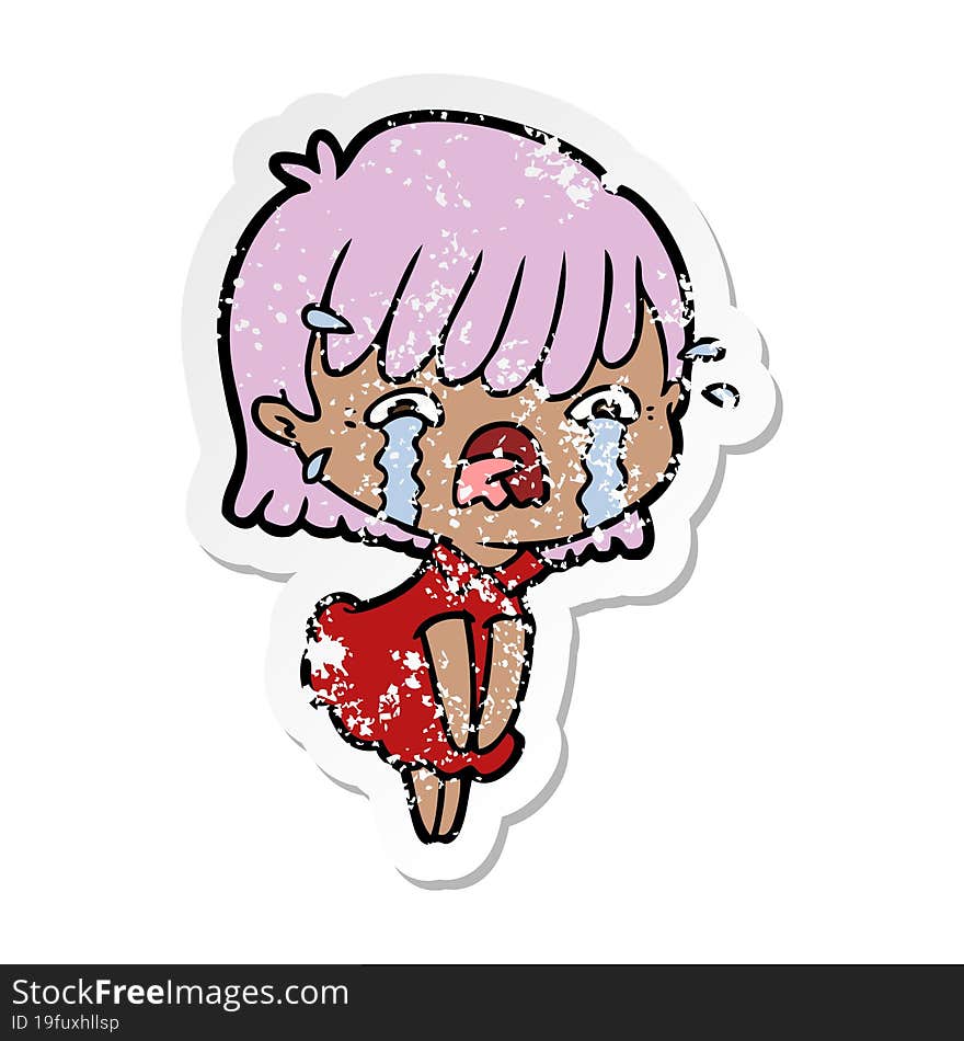 distressed sticker of a cartoon girl crying