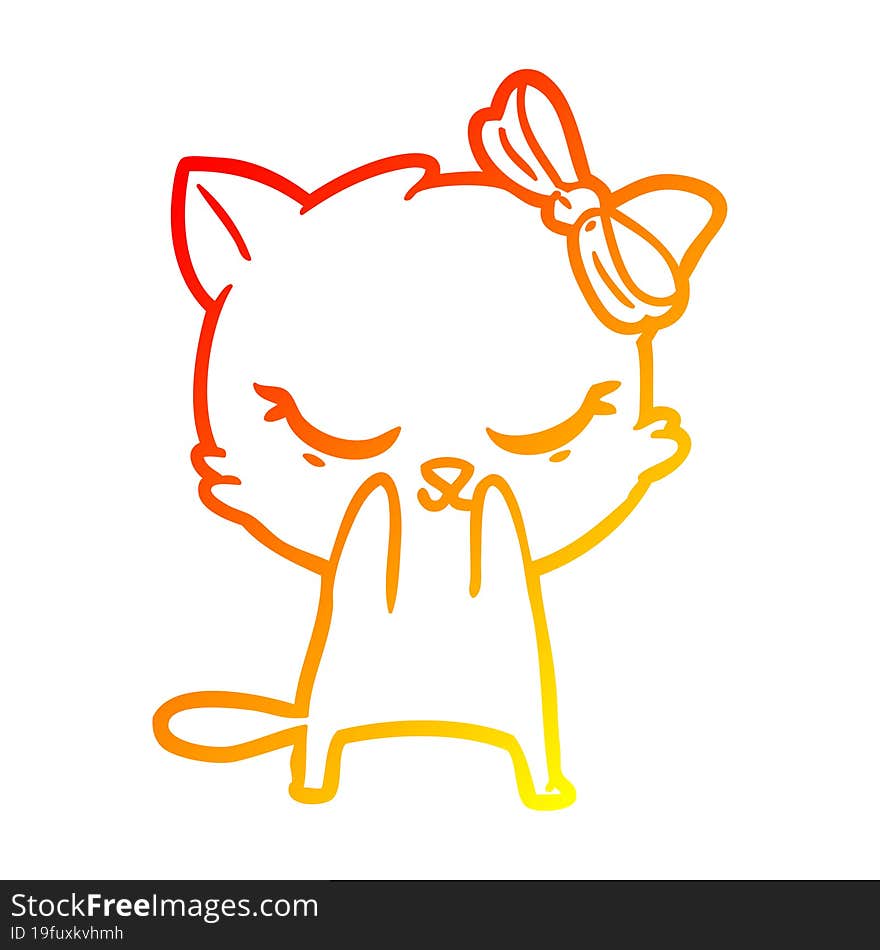 warm gradient line drawing of a cute cartoon cat with bow