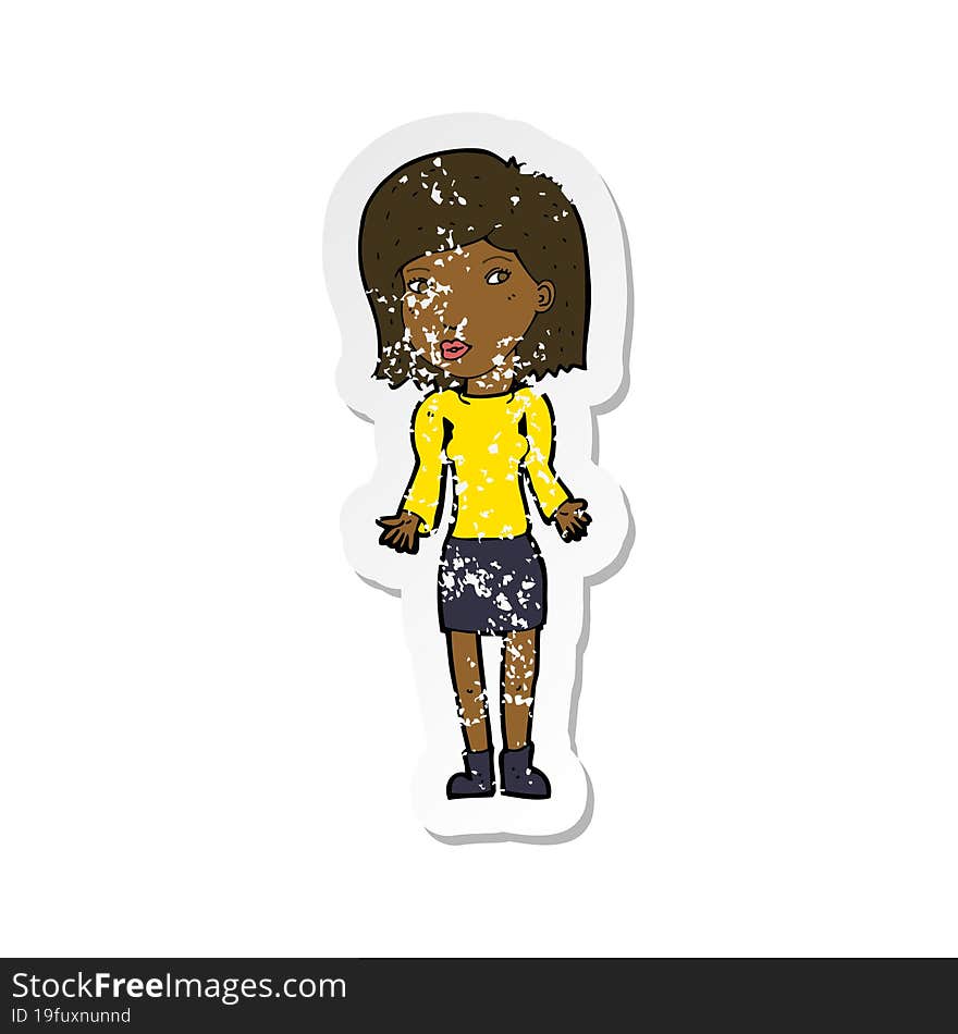 retro distressed sticker of a cartoon woman shrugging shoulders