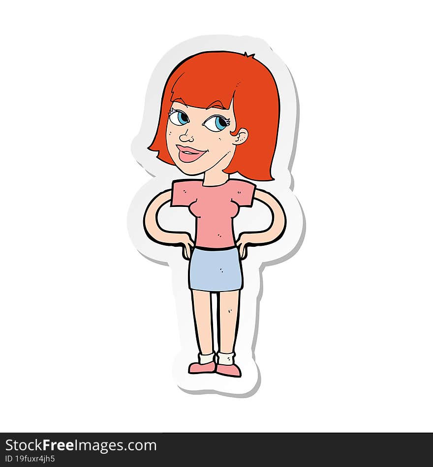 sticker of a cartoon happy woman with hands on hips