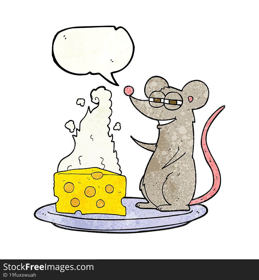 freehand speech bubble textured cartoon mouse with cheese