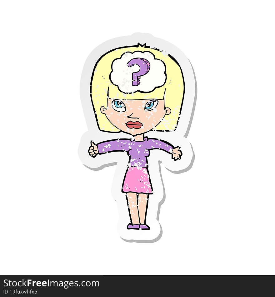 retro distressed sticker of a cartoon woman with question