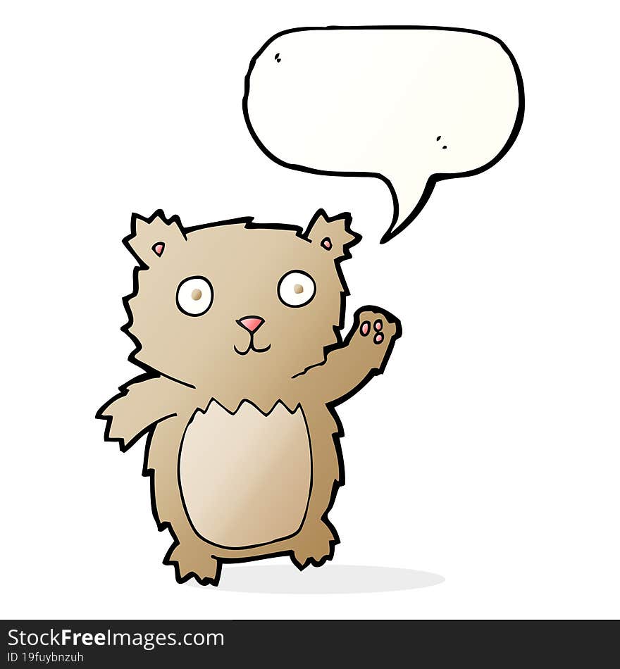 cartoon waving teddy bear with speech bubble