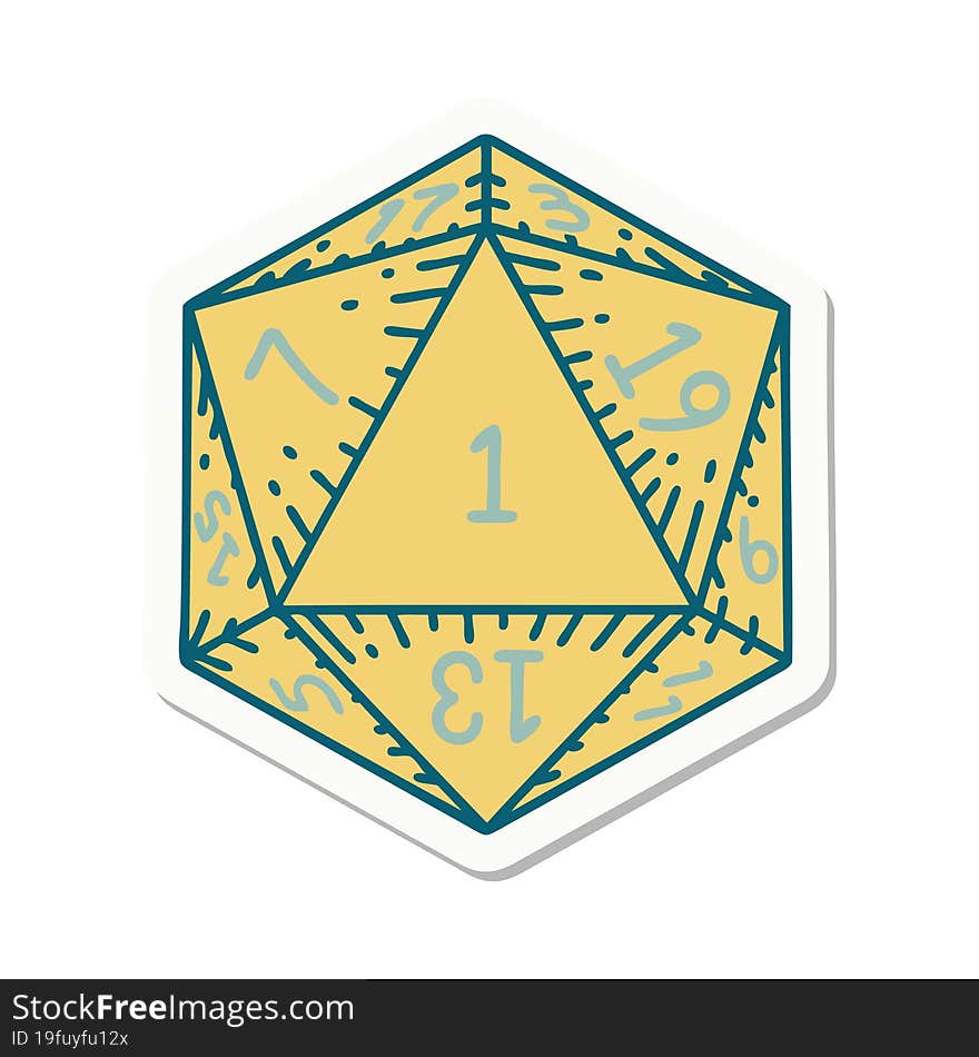 sticker of a natural 1 D20 dice roll. sticker of a natural 1 D20 dice roll