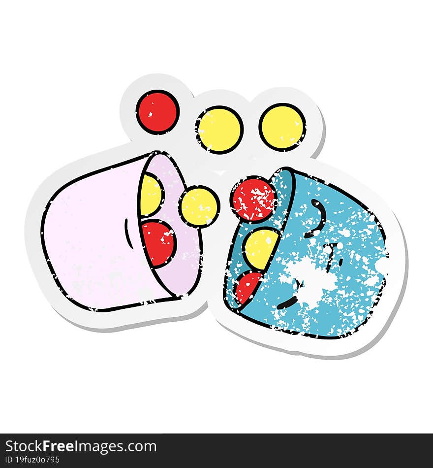 freehand drawn distressed sticker cartoon of a smiling pill