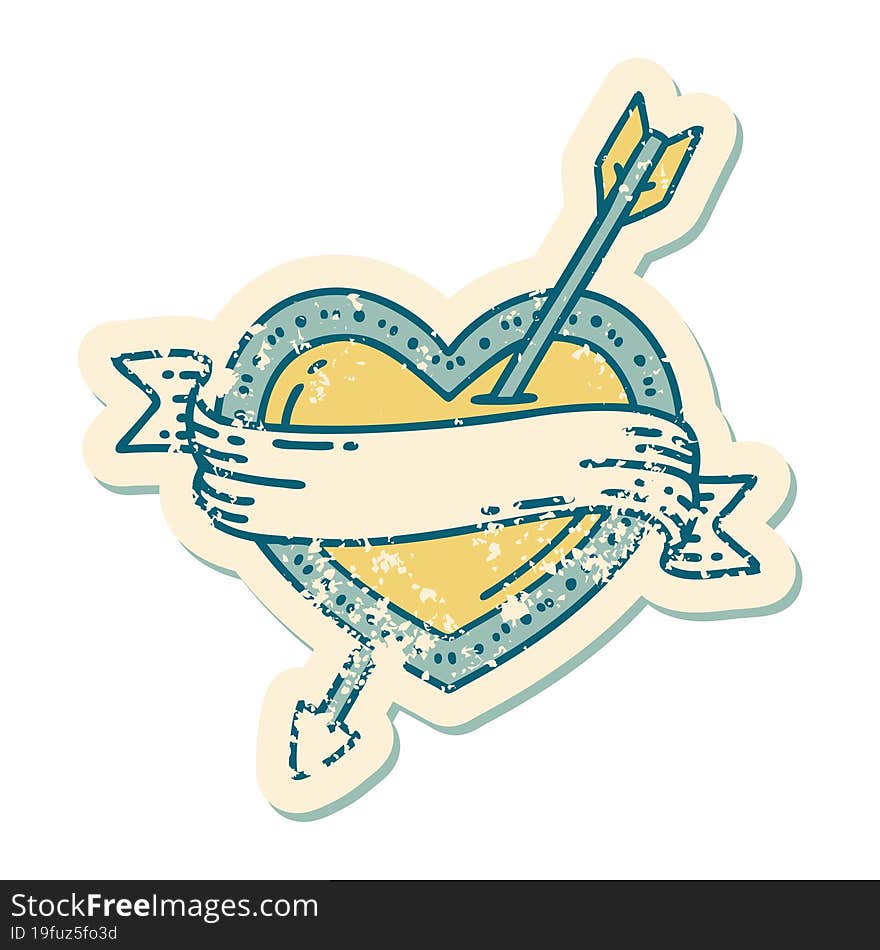 distressed sticker tattoo style icon of an arrow heart and banner