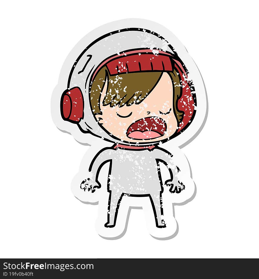 distressed sticker of a cartoon astronaut woman explaining