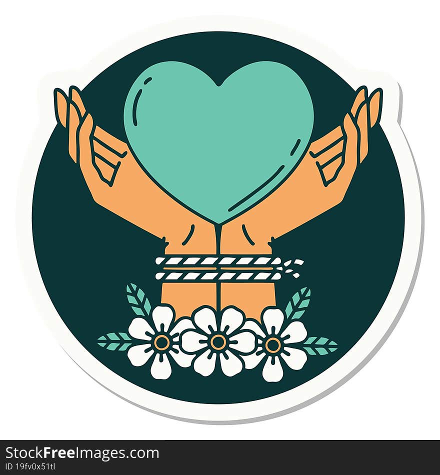 sticker of tattoo in traditional style of tied hands and a heart. sticker of tattoo in traditional style of tied hands and a heart