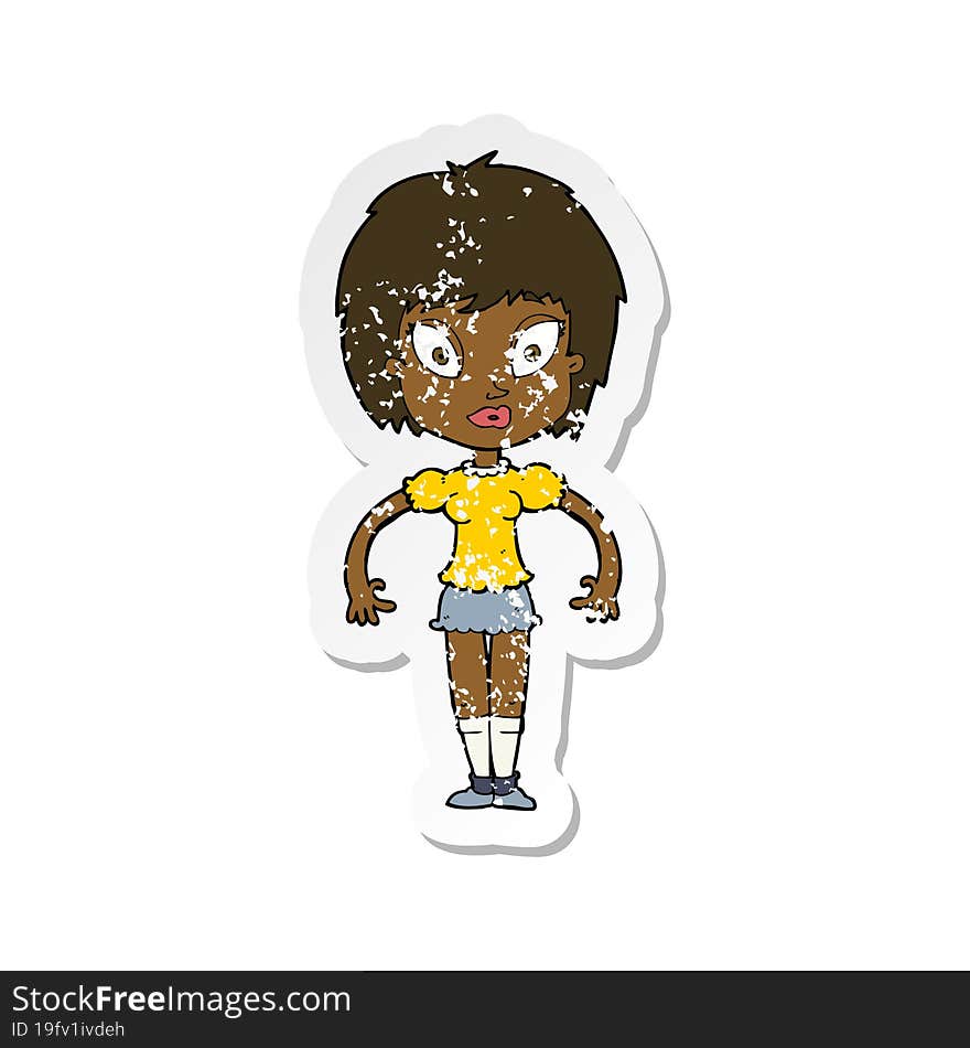 retro distressed sticker of a cartoon pretty girl